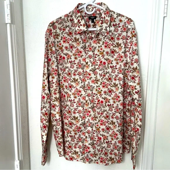 Express Slim 1MX Mens Collared Full Front Button Fitted Dress Shirt White Floral - Picture 1 of 5